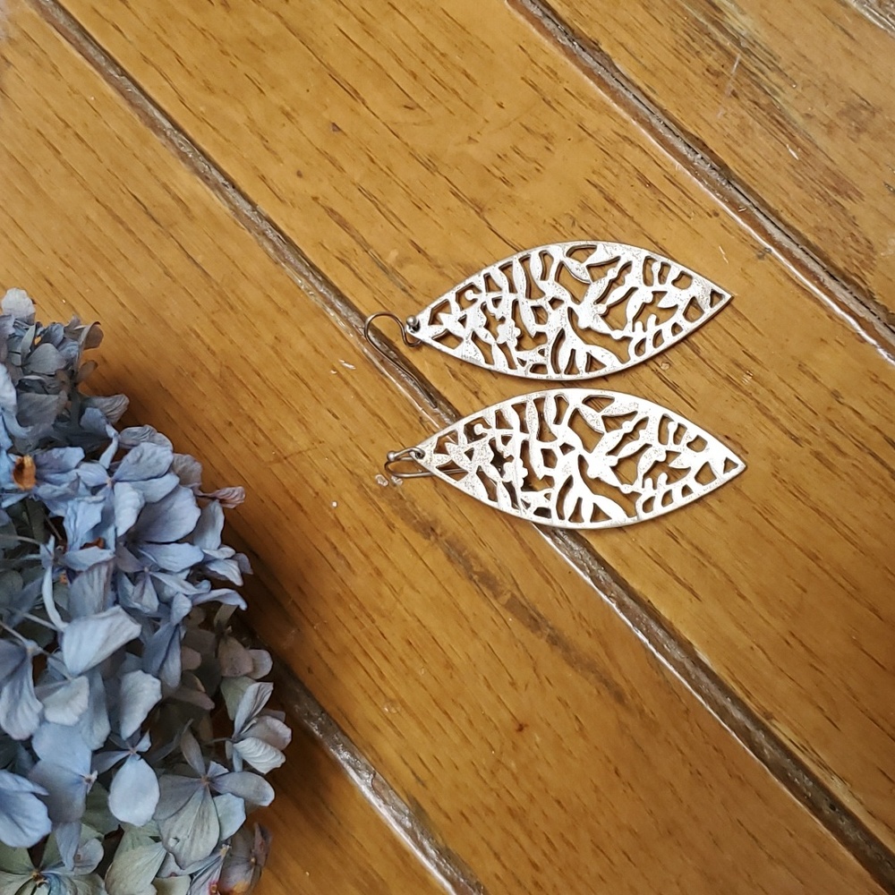 Boho Silver Leaf Laser Cut Design Dangle Earrings. - image 3